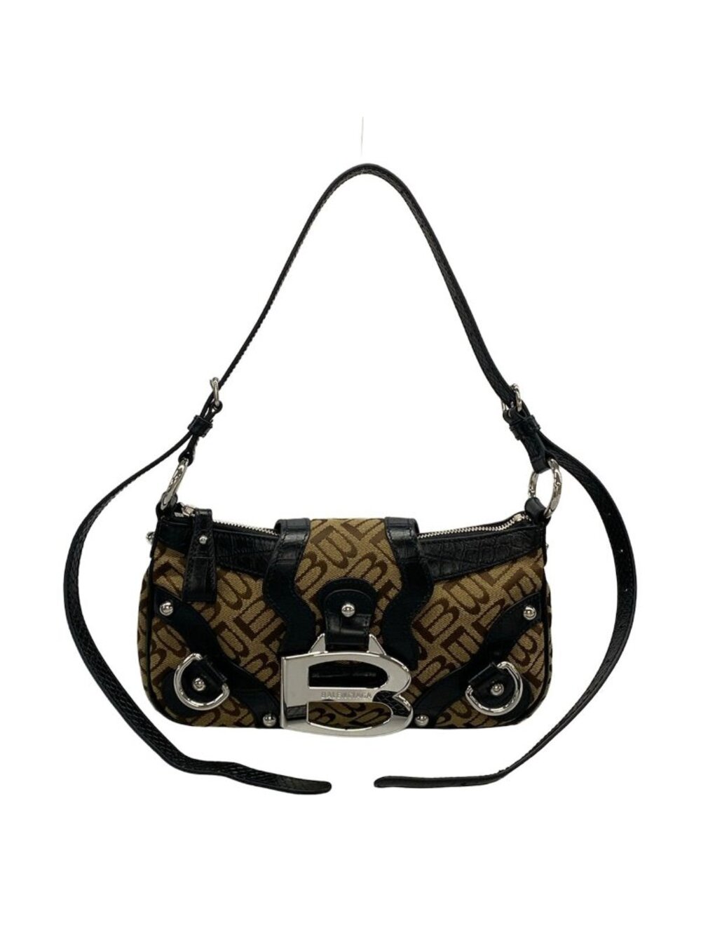 Balenciaga Shoulder Bag Essex Small Black Beige Brown B Logo Embossed Leather